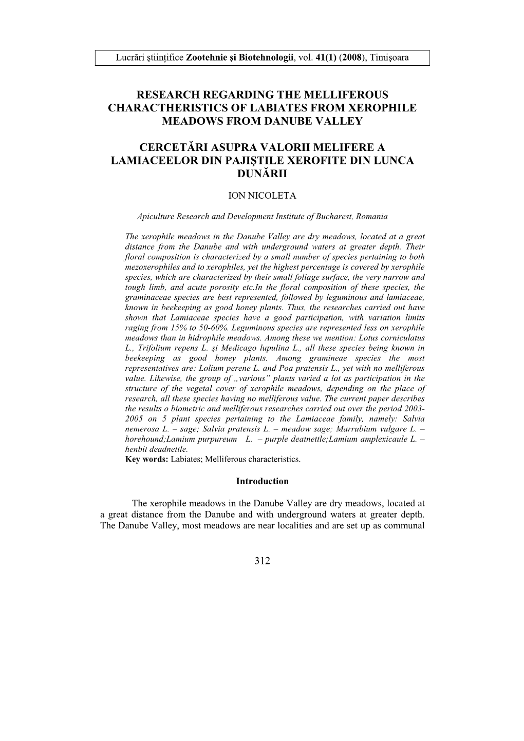 Research Regarding the Melliferous Charactheristics of Labiates from Xerophile Meadows from Danube Valley