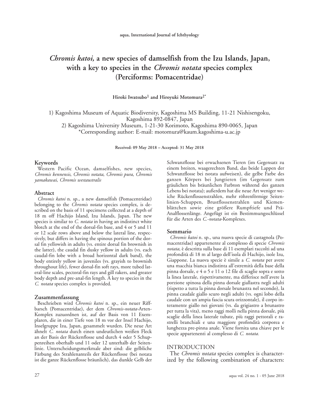 Chromis Katoi, a New Species of Damselfish from the Izu Islands, Japan, with a Key to Species in the Chromis Notata Species Complex (Perciforms: Pomacentridae)