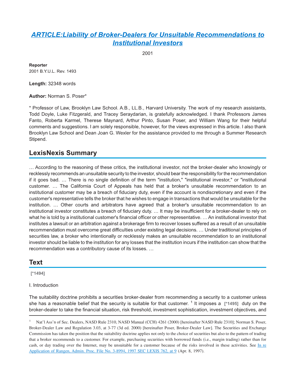 ARTICLE:Liability of Broker-Dealers for Unsuitable Recommendations to Institutional Investors 2001