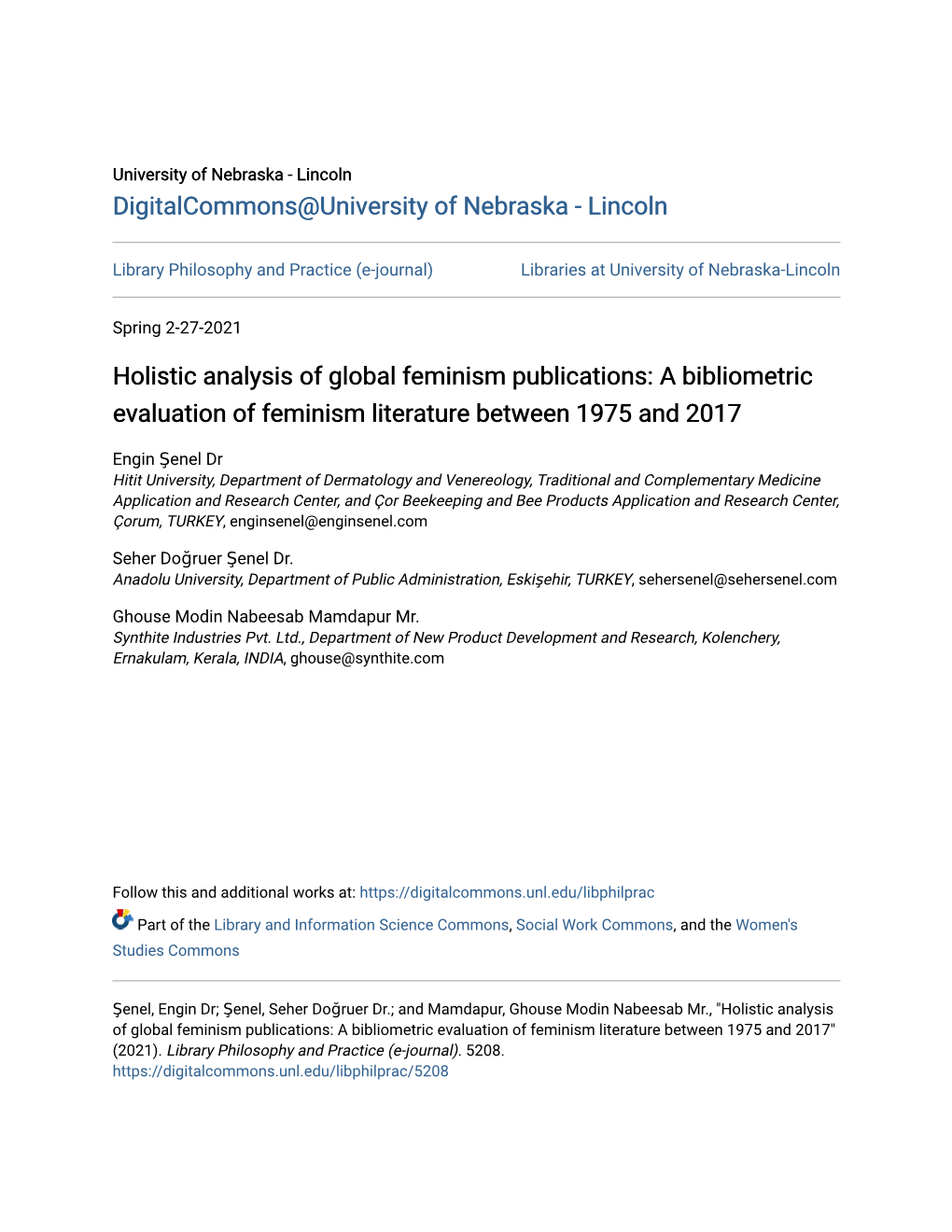 Holistic Analysis of Global Feminism Publications: a Bibliometric Evaluation of Feminism Literature Between 1975 and 2017