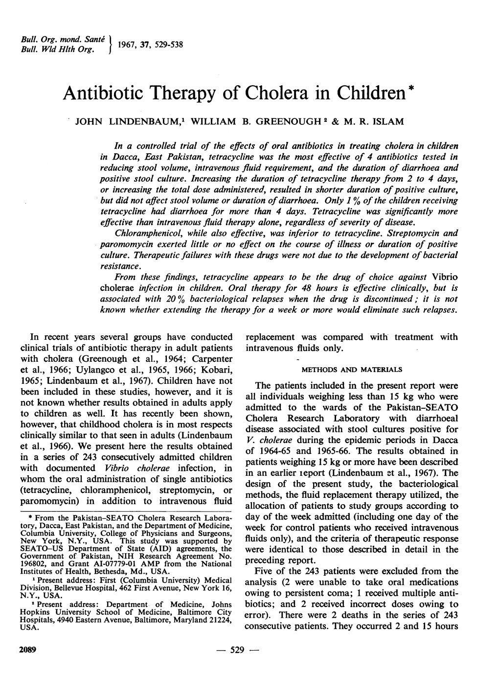 Antibiotic Therapy of Cholera in Children,*