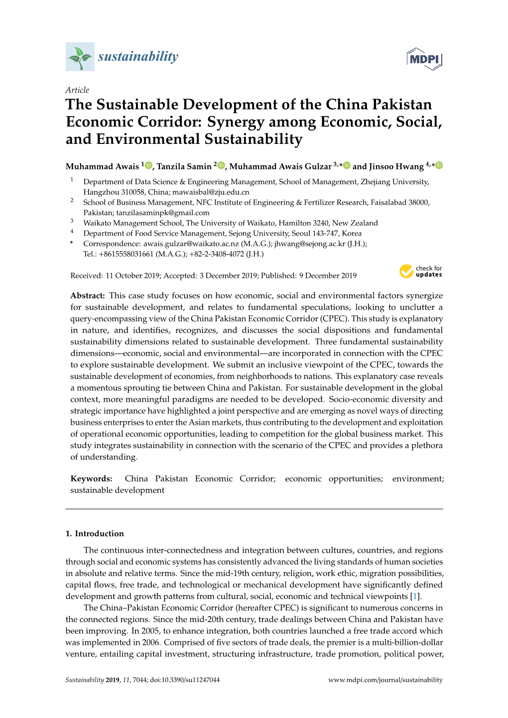 The Sustainable Development of the China Pakistan Economic Corridor: Synergy Among Economic, Social, and Environmental Sustainability