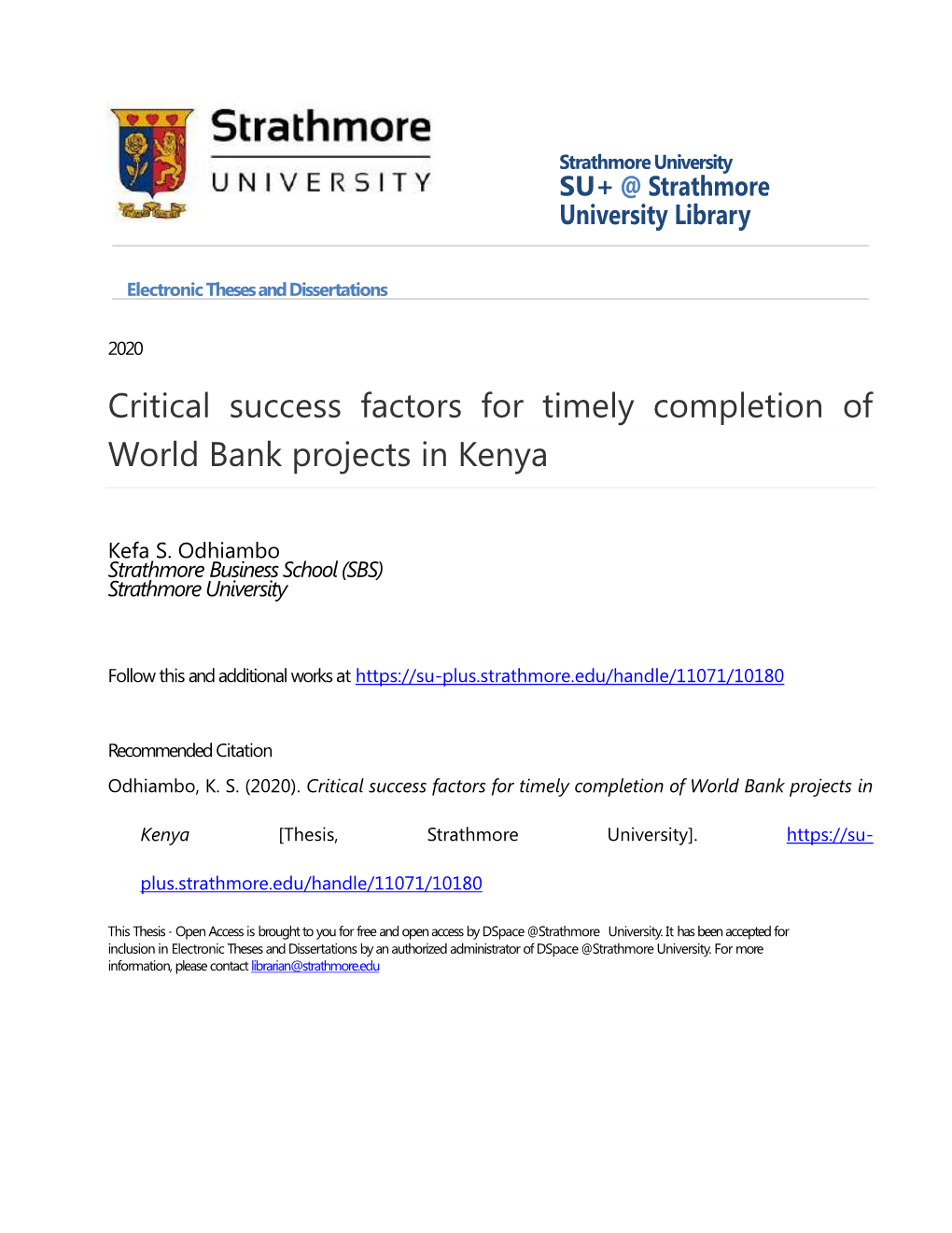 Critical Success Factors for Timely Completion of World Bank Projects in Kenya