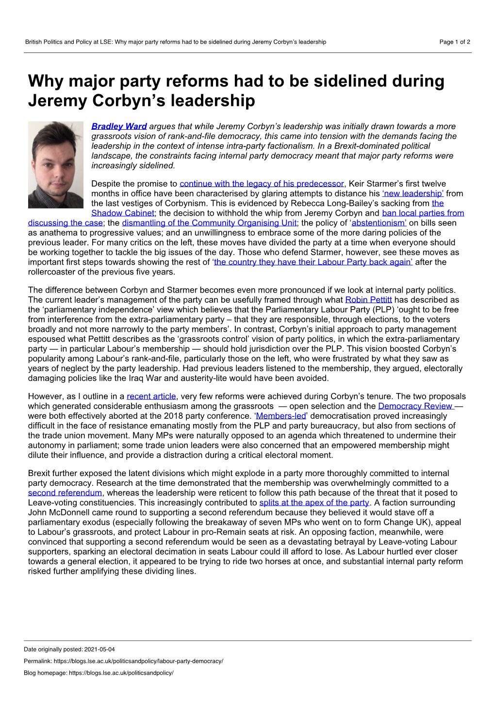 British Politics and Policy at LSE: Why Major Party Reforms Had to Be Sidelined During Jeremy Corbyn’S Leadership Page 1 of 2