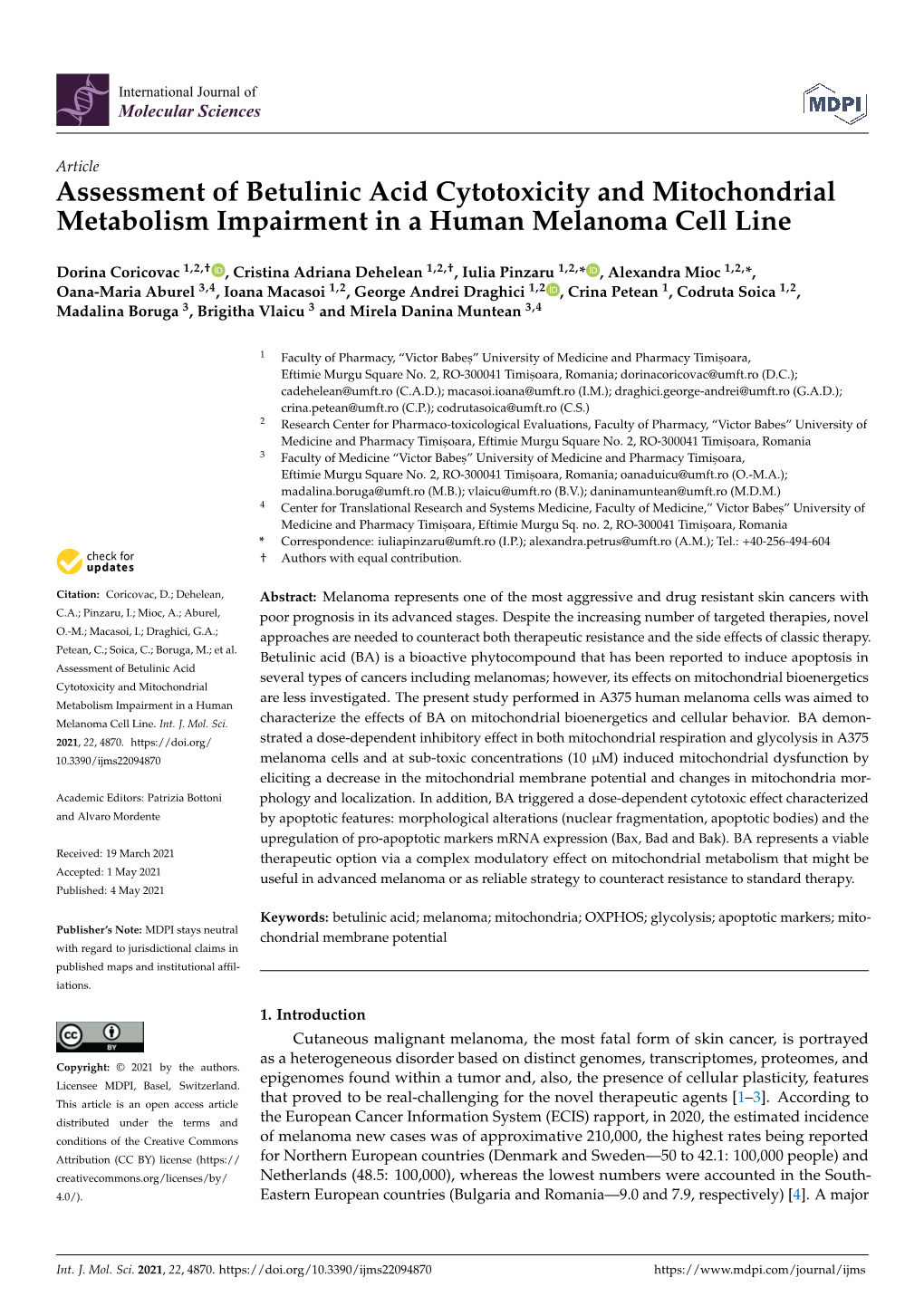 Assessment of Betulinic Acid Cytotoxicity and Mitochondrial Metabolism Impairment in a Human Melanoma Cell Line