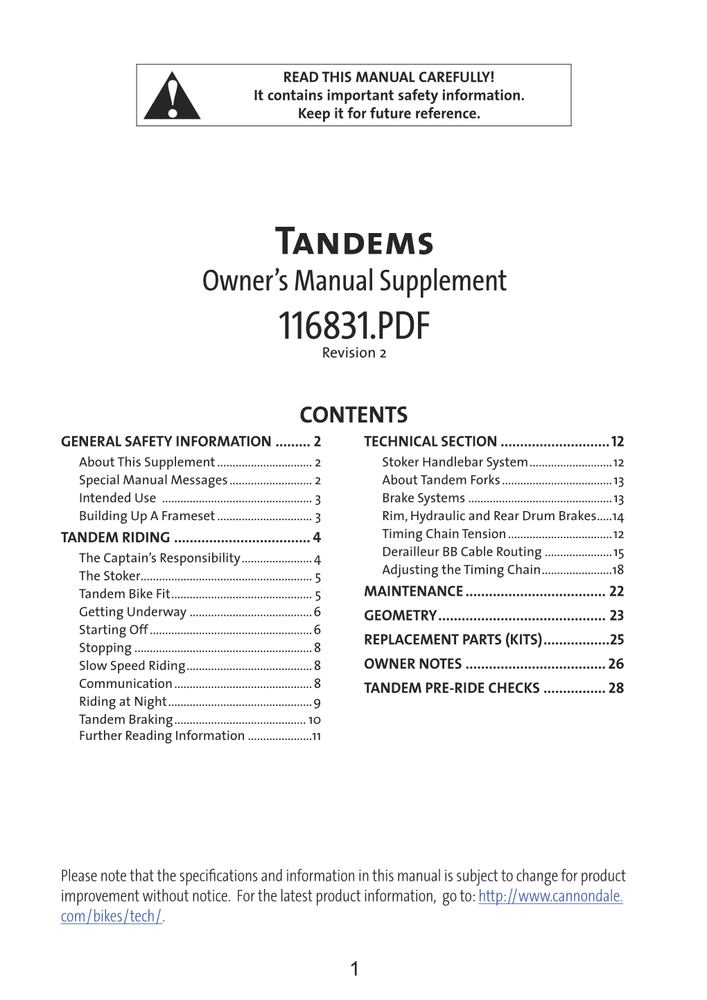 Tandems Owner’S Manual Supplement 116831.PDF Revision 2