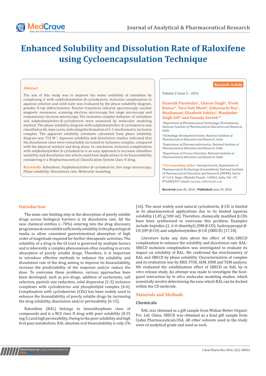 Enhanced Solubility and Dissolution Rate of Raloxifene Using Cycloencapsulation Technique