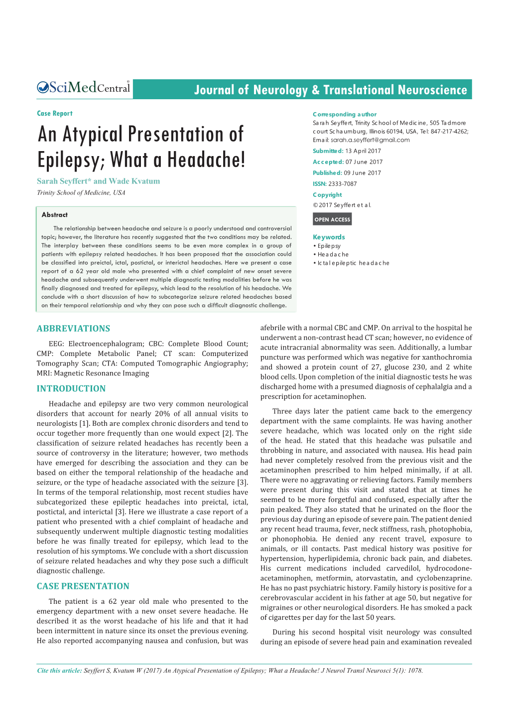 An Atypical Presentation of Epilepsy; What a Headache! J Neurol Transl Neurosci 5(1): 1078