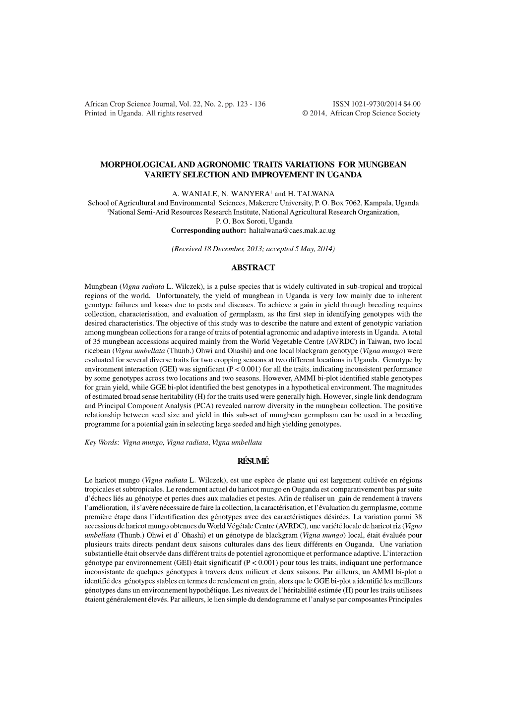 Morphological and Agronomic Traits Variations for Mungbean Variety Selection and Improvement in Uganda