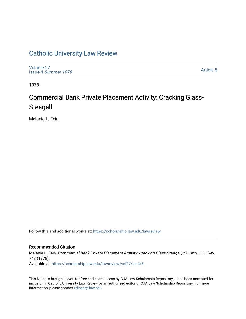 Commercial Bank Private Placement Activity: Cracking Glass-Steagall, 27 Cath