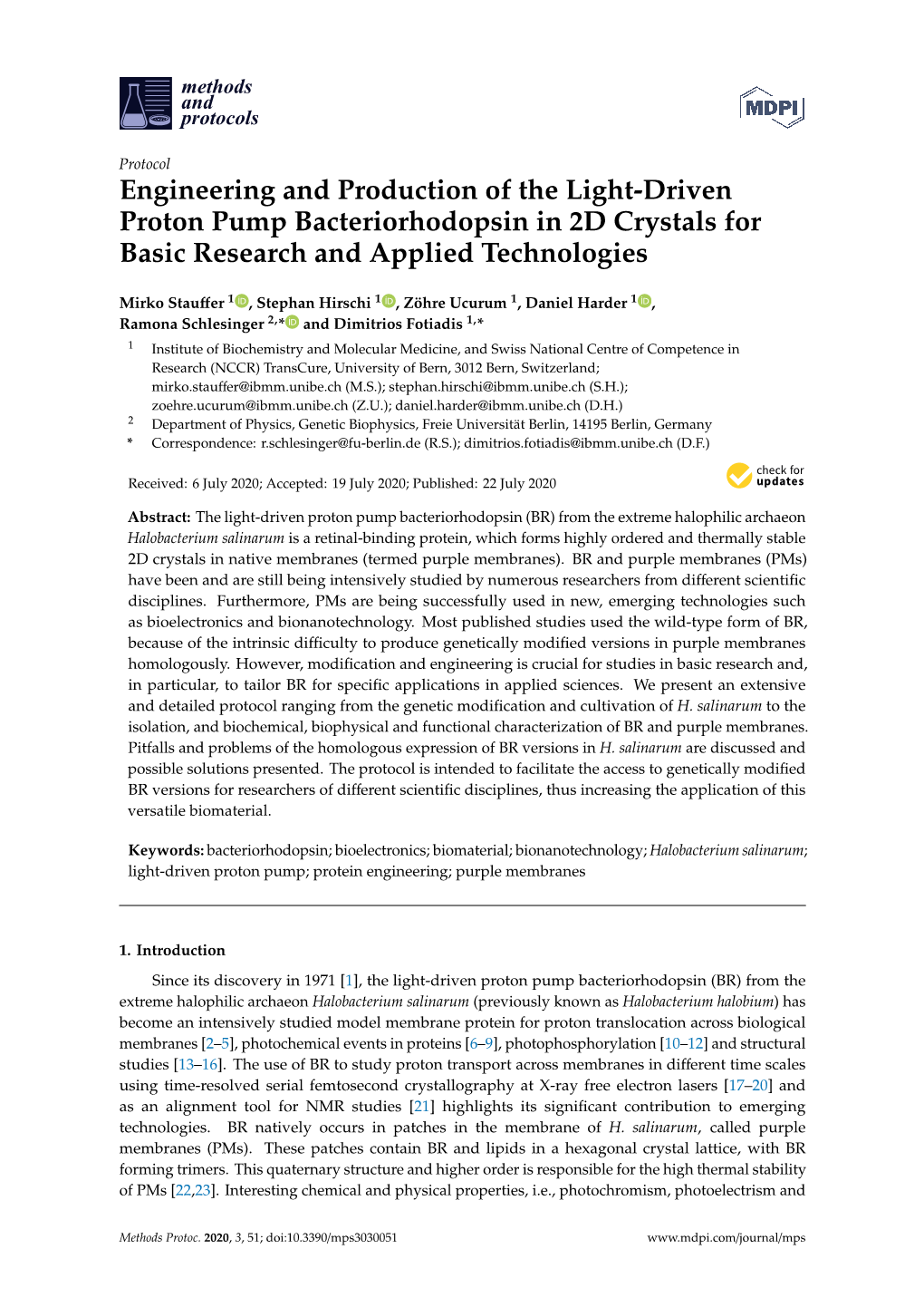 Engineering and Production of the Light-Driven Proton Pump Bacteriorhodopsin in 2D Crystals for Basic Research and Applied Technologies