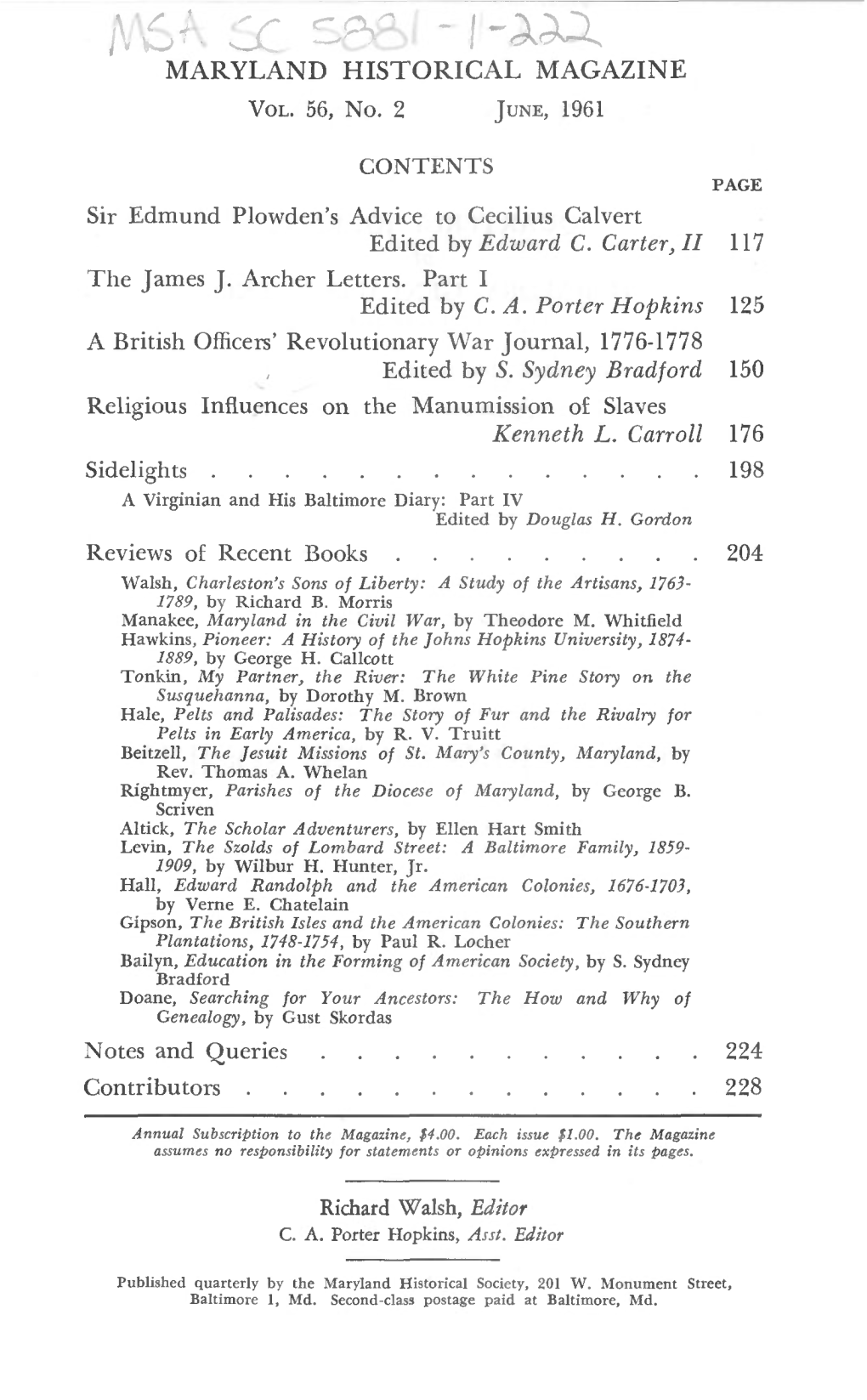 Maryland Historical Magazine, 1961, Volume 56, Issue No. 2