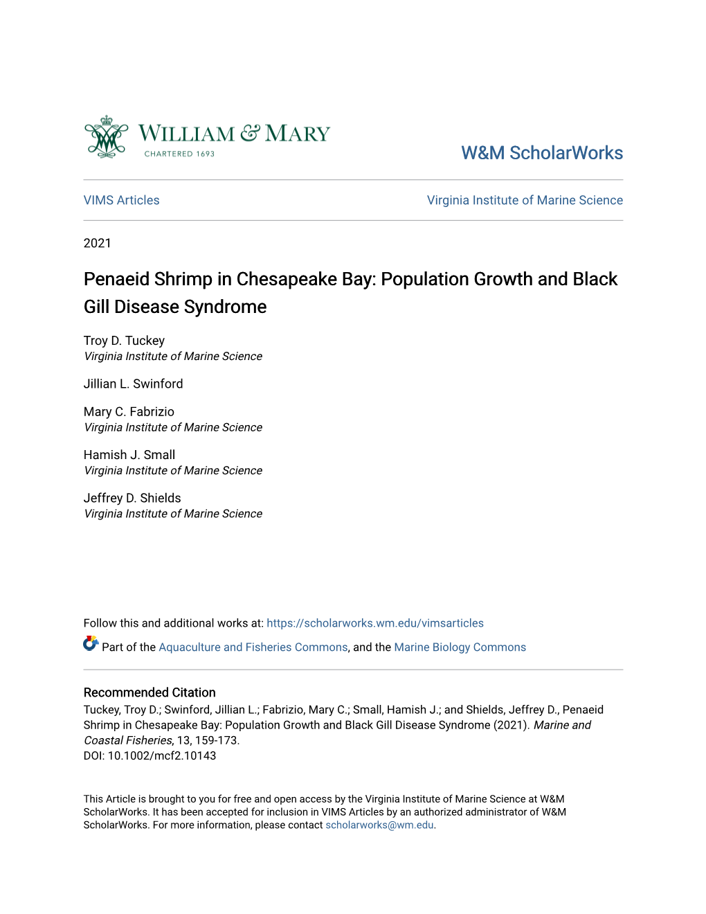 Penaeid Shrimp in Chesapeake Bay: Population Growth and Black Gill Disease Syndrome