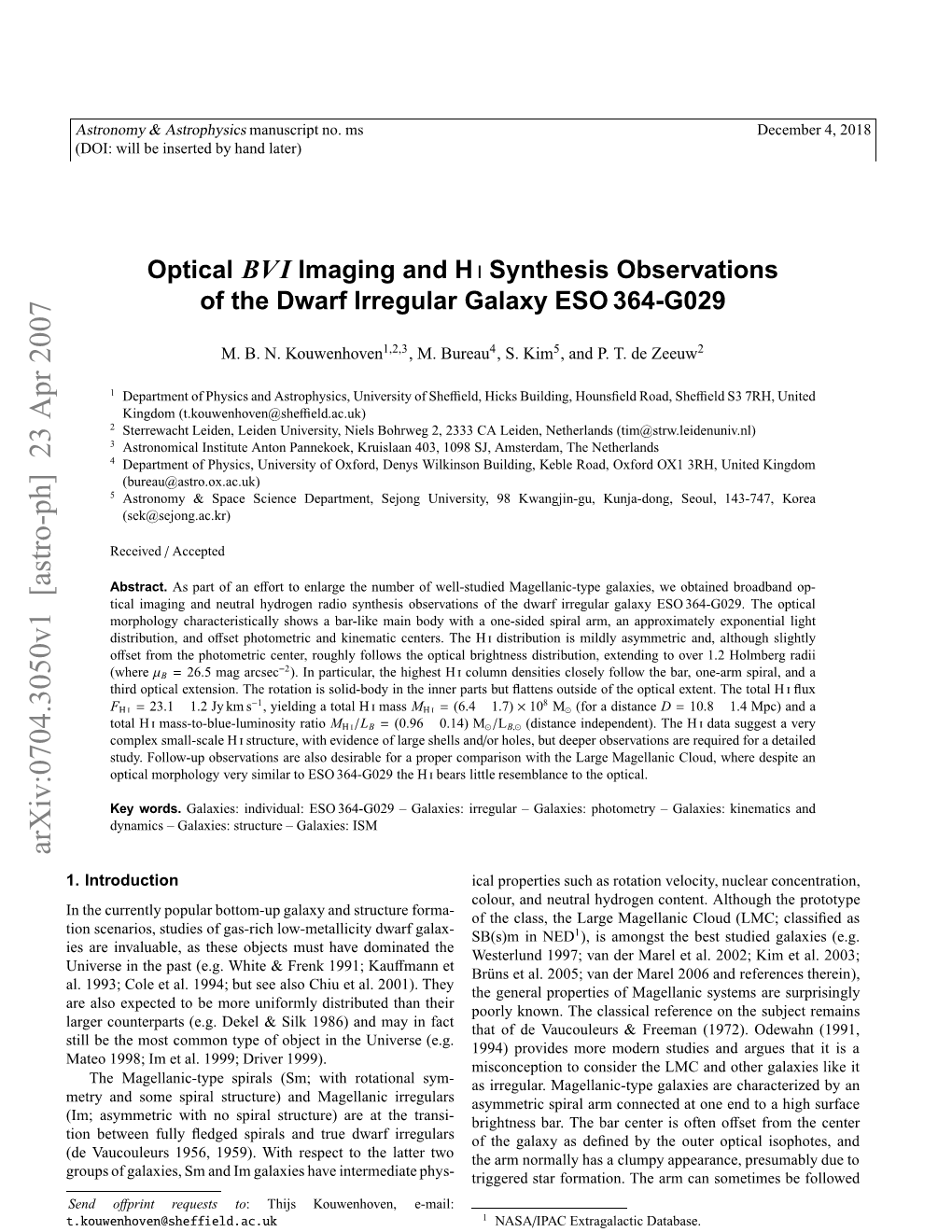 Optical BVI Imaging and HI Synthesis Observations of the Dwarf Irregular