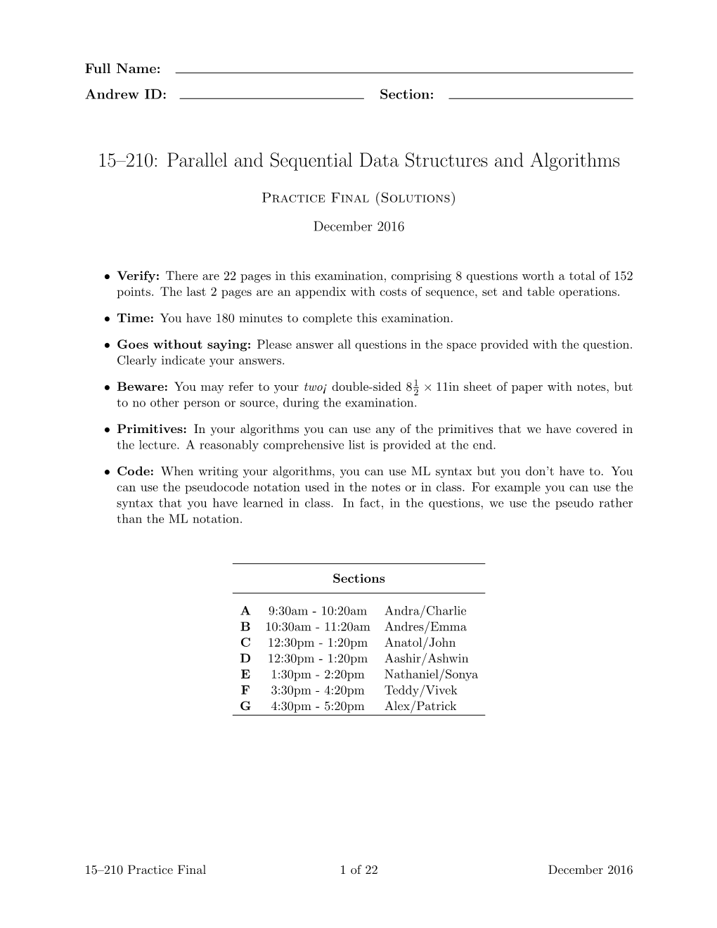 15–210: Parallel and Sequential Data Structures and Algorithms