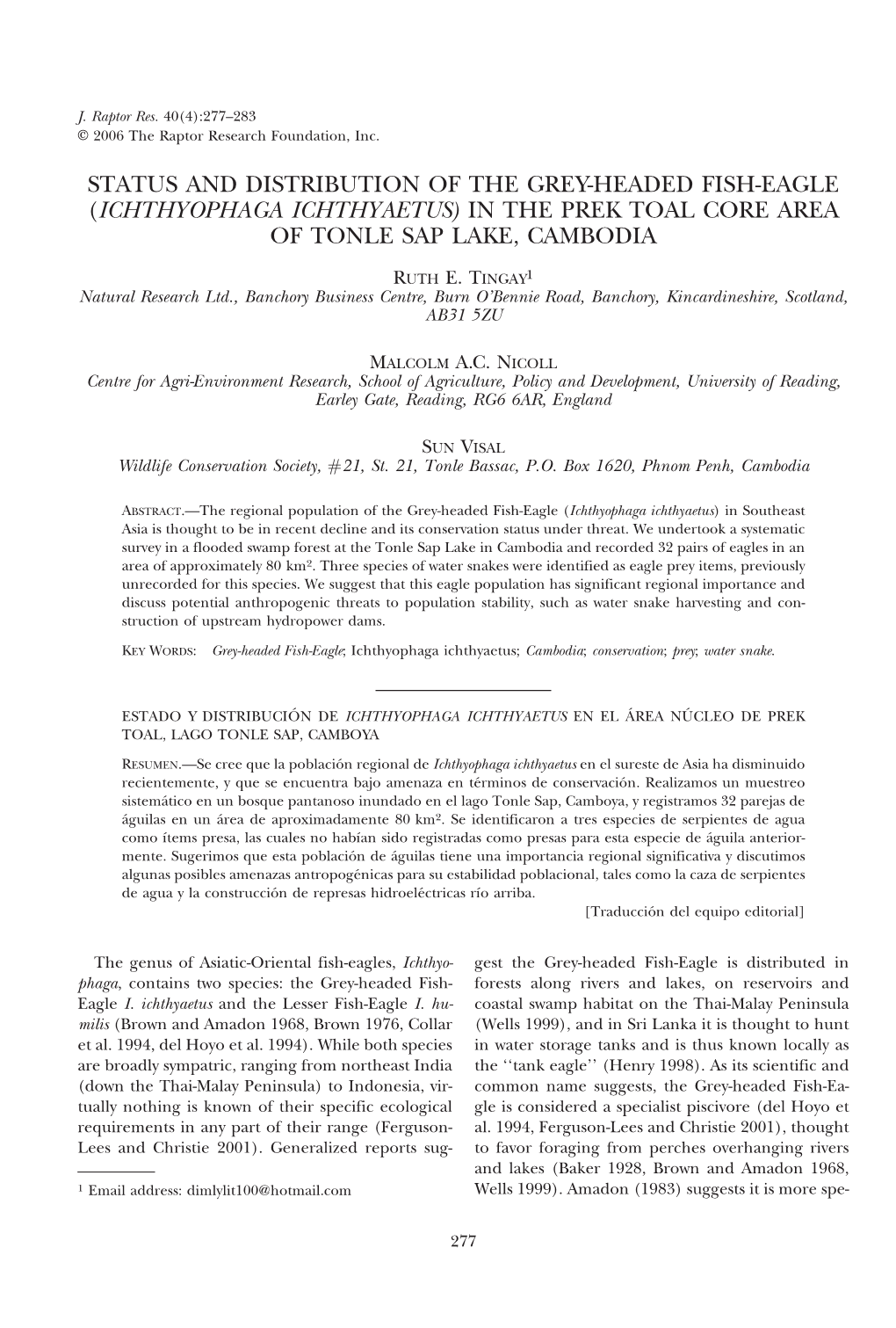 Status and Distribution of the Grey-Headed Fish-Eagle (Ichthyophaga Ichthyaetus) in the Prek Toal Core Area of Tonle Sap Lake, Cambodia