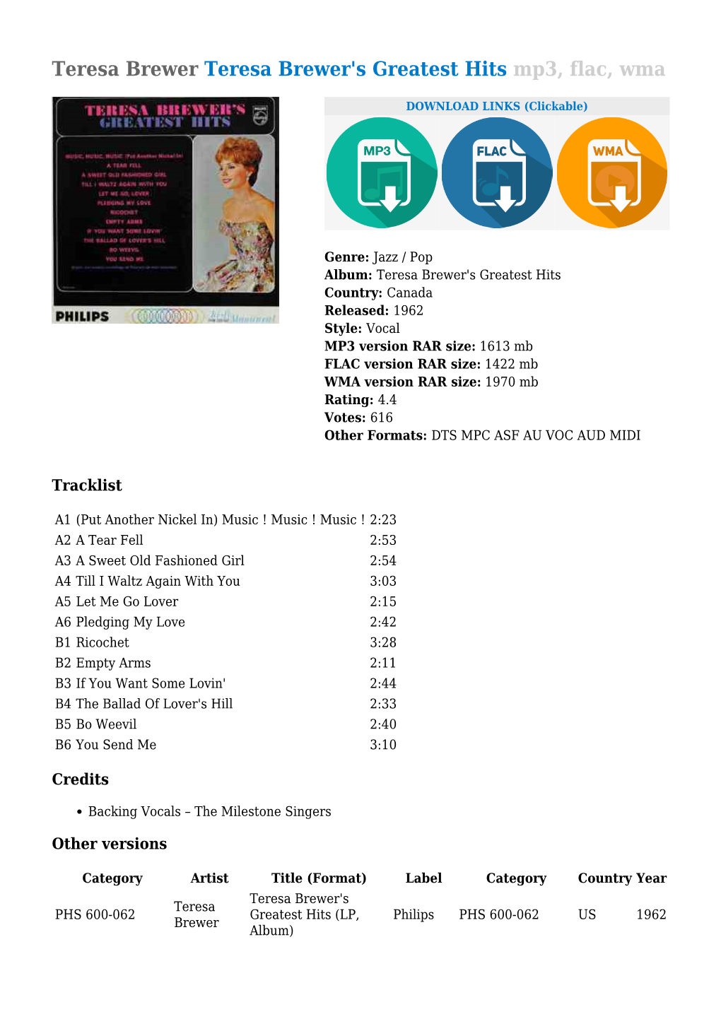 Teresa Brewer's Greatest Hits Mp3, Flac, Wma