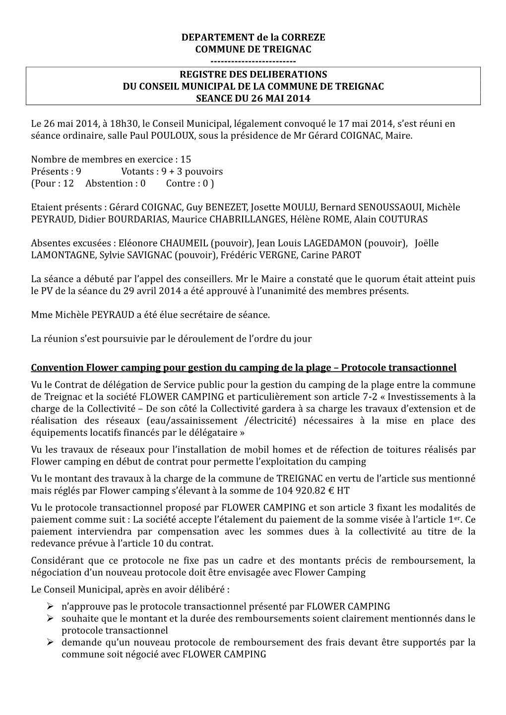 Registre Des Deliberations Du Conseil Municipal De La Commune De Treignac Seance Du 26 Mai 2014