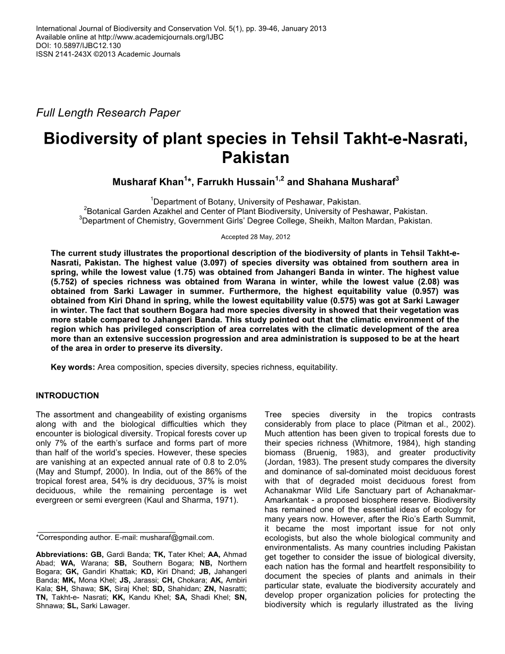Biodiversity of Plant Species in Tehsil Takht-E-Nasrati, Pakistan