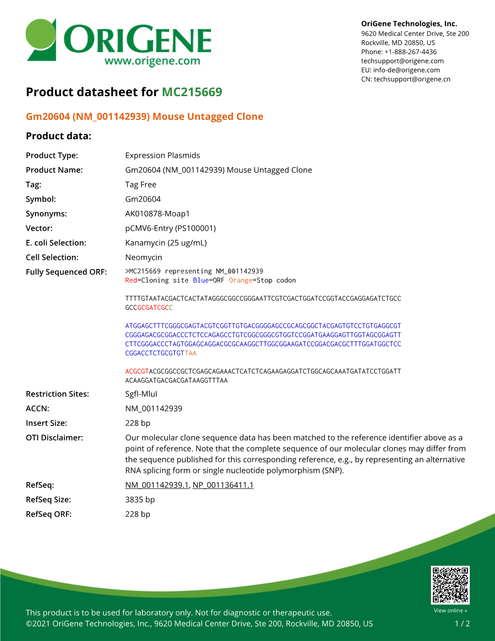 (NM 001142939) Mouse Untagged Clone – MC215669