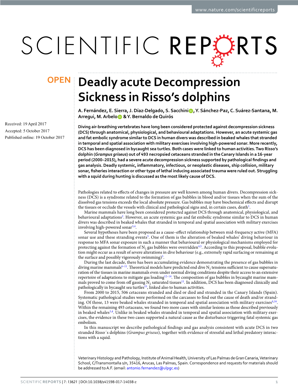 Deadly Acute Decompression Sickness in Risso's Dolphins