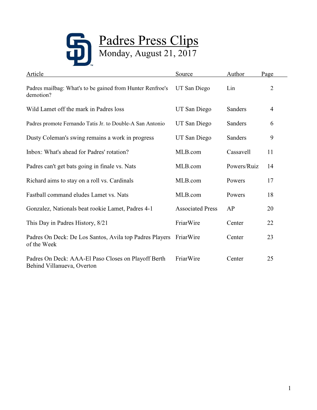 Padres Press Clips Monday, August 21, 2017
