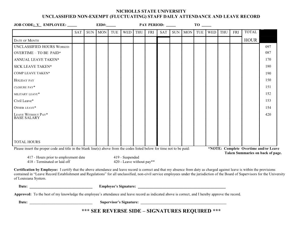 Nicholls State University Classified Daily Attendance and Leave Record