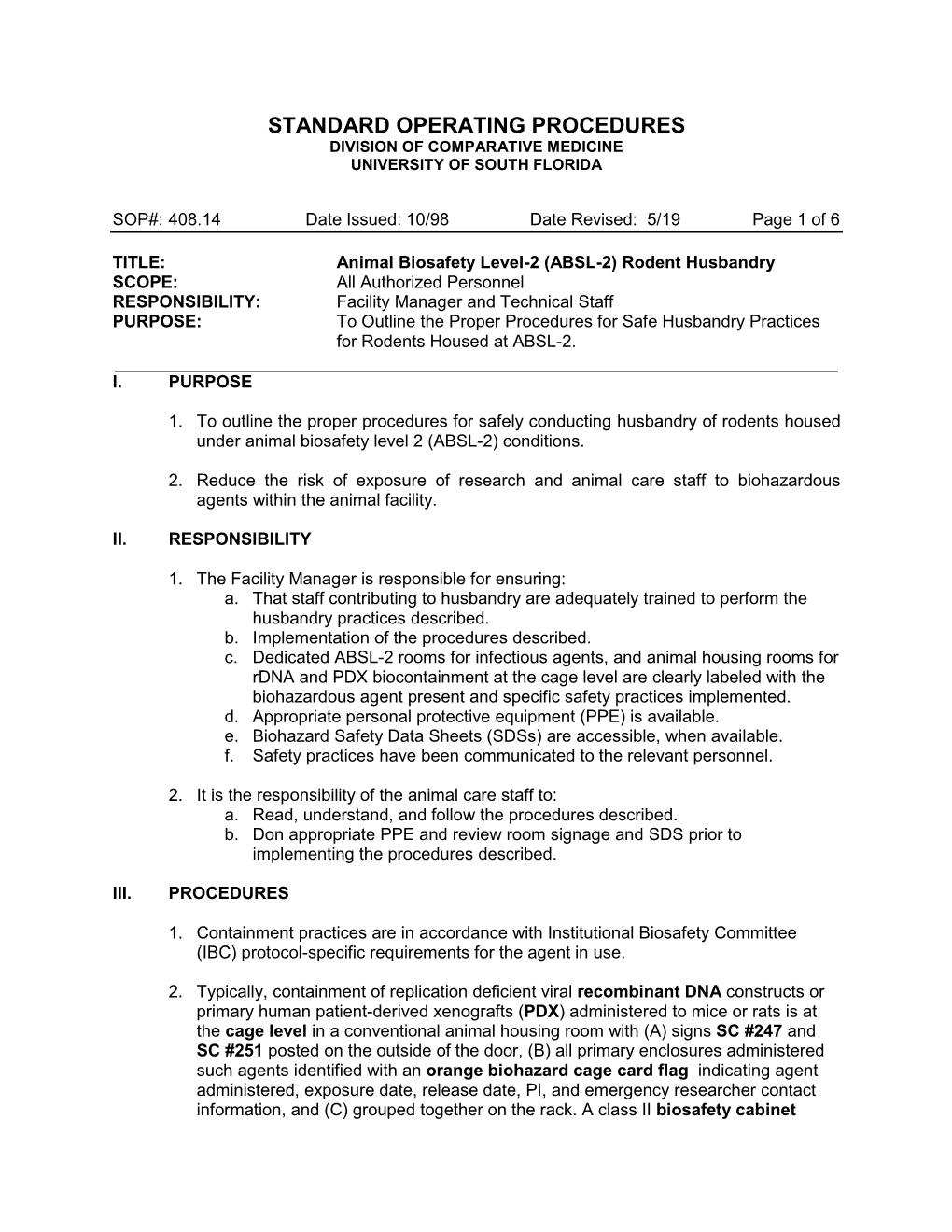 SOP 408 Biosafety Level-2 (BSL-2) Rodent Husbandry