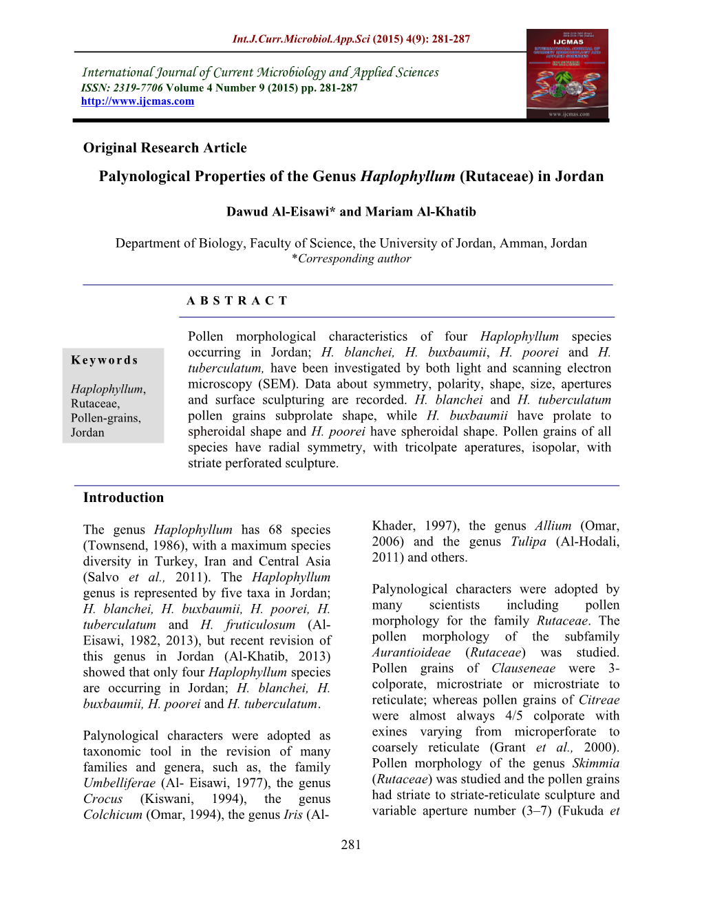 Palynological Properties of the Genus Haplophyllum (Rutaceae) in Jordan