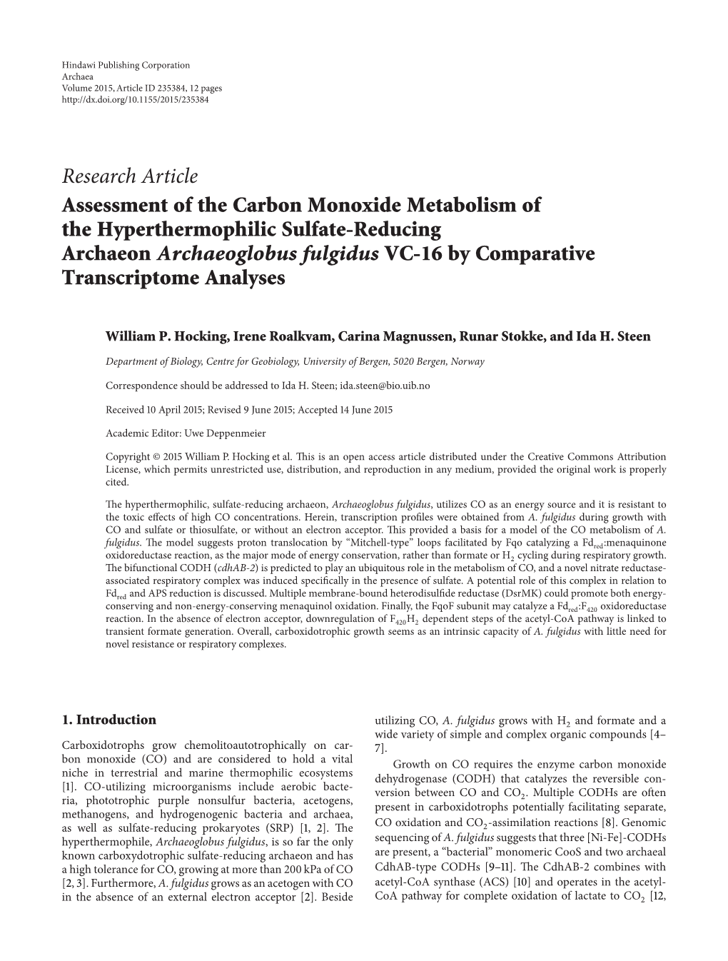 Assessment of the Carbon Monoxide Metabolism of the Hyperthermophilic Sulfate-Reducing Archaeon Archaeoglobus Fulgidus VC-16 by Comparative Transcriptome Analyses