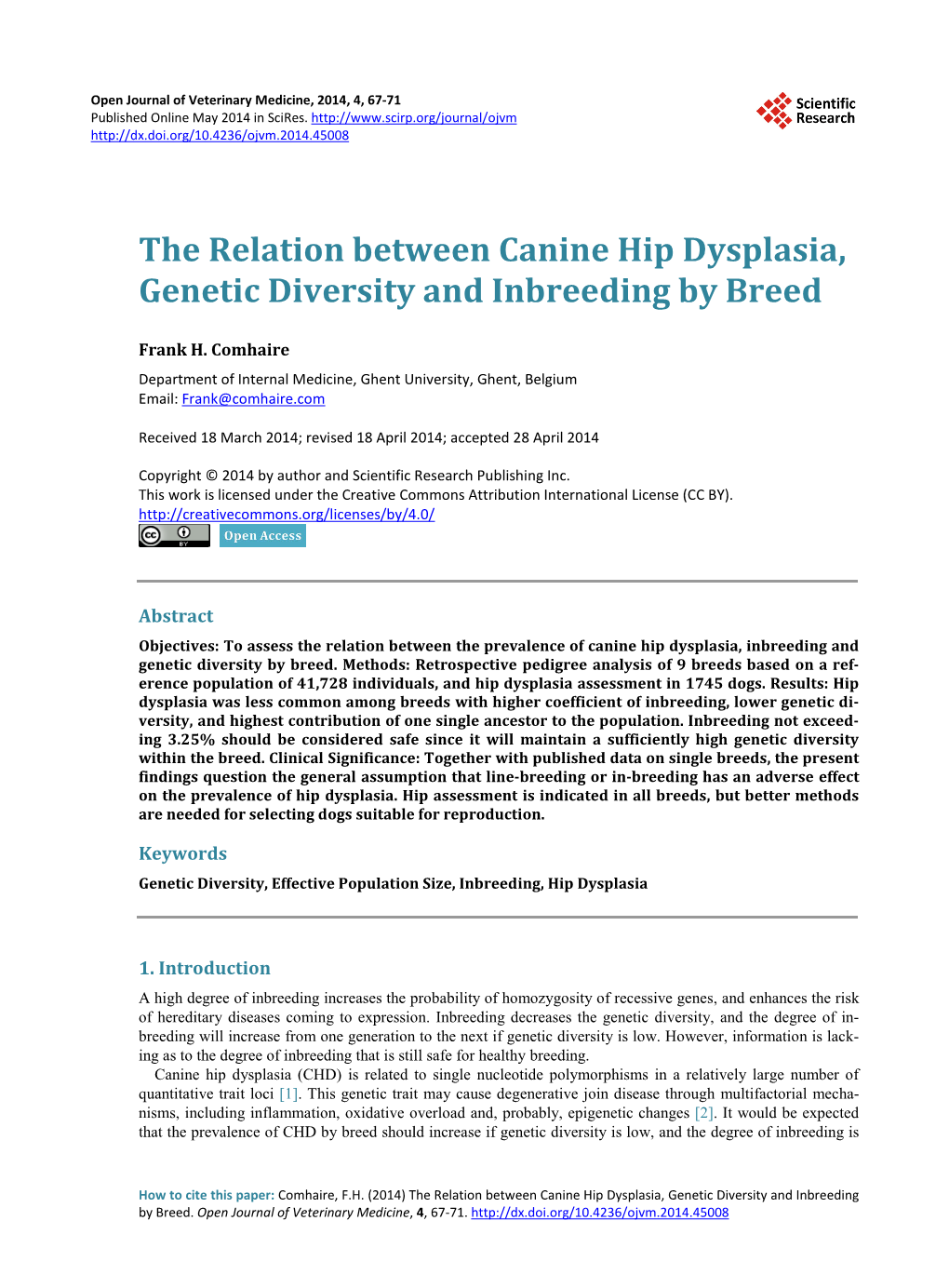 The Relation Between Canine Hip Dysplasia, Genetic Diversity and Inbreeding by Breed