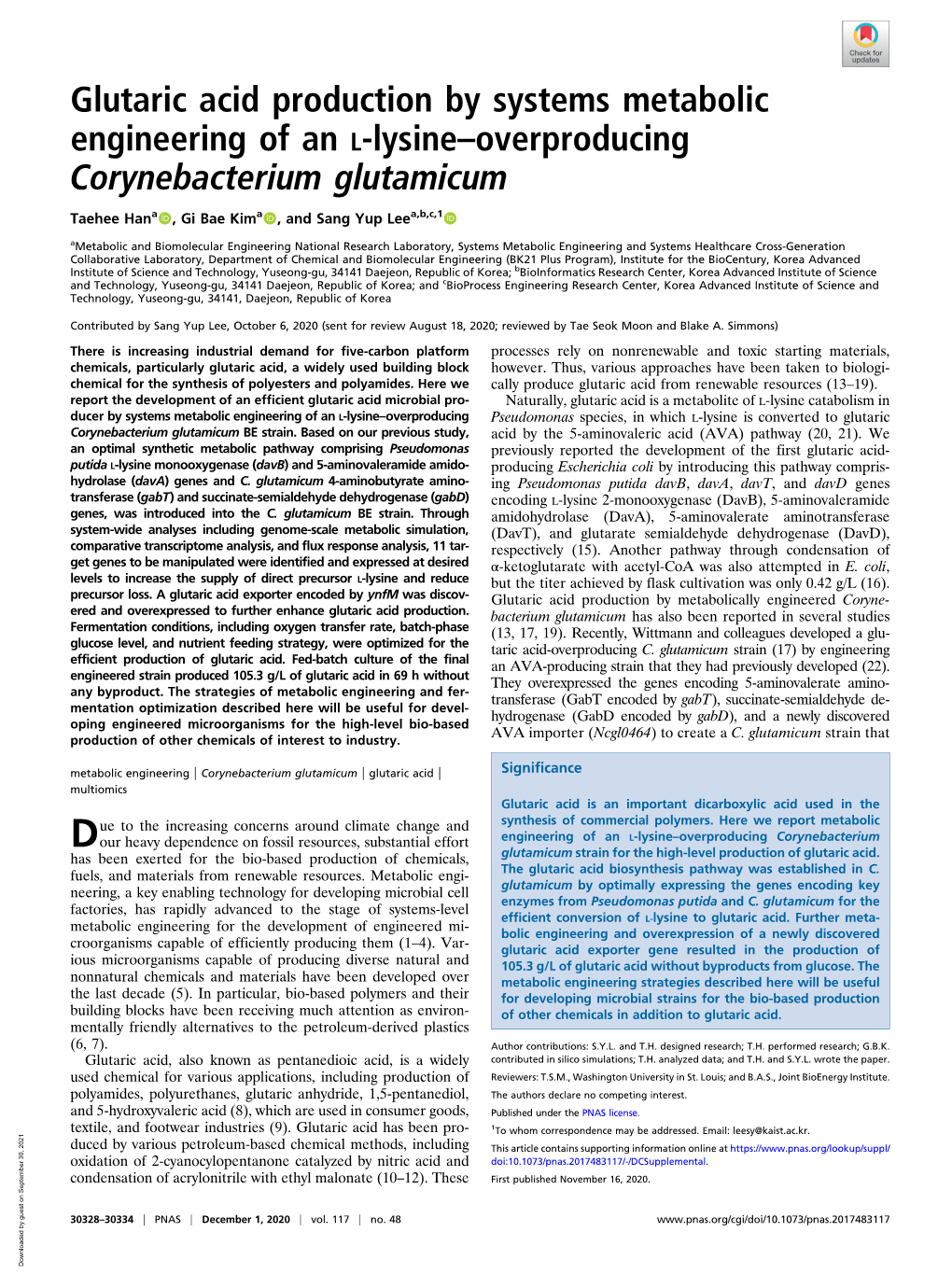 Glutaric Acid Production by Systems Metabolic Engineering of an L-Lysine–Overproducing Corynebacterium Glutamicum