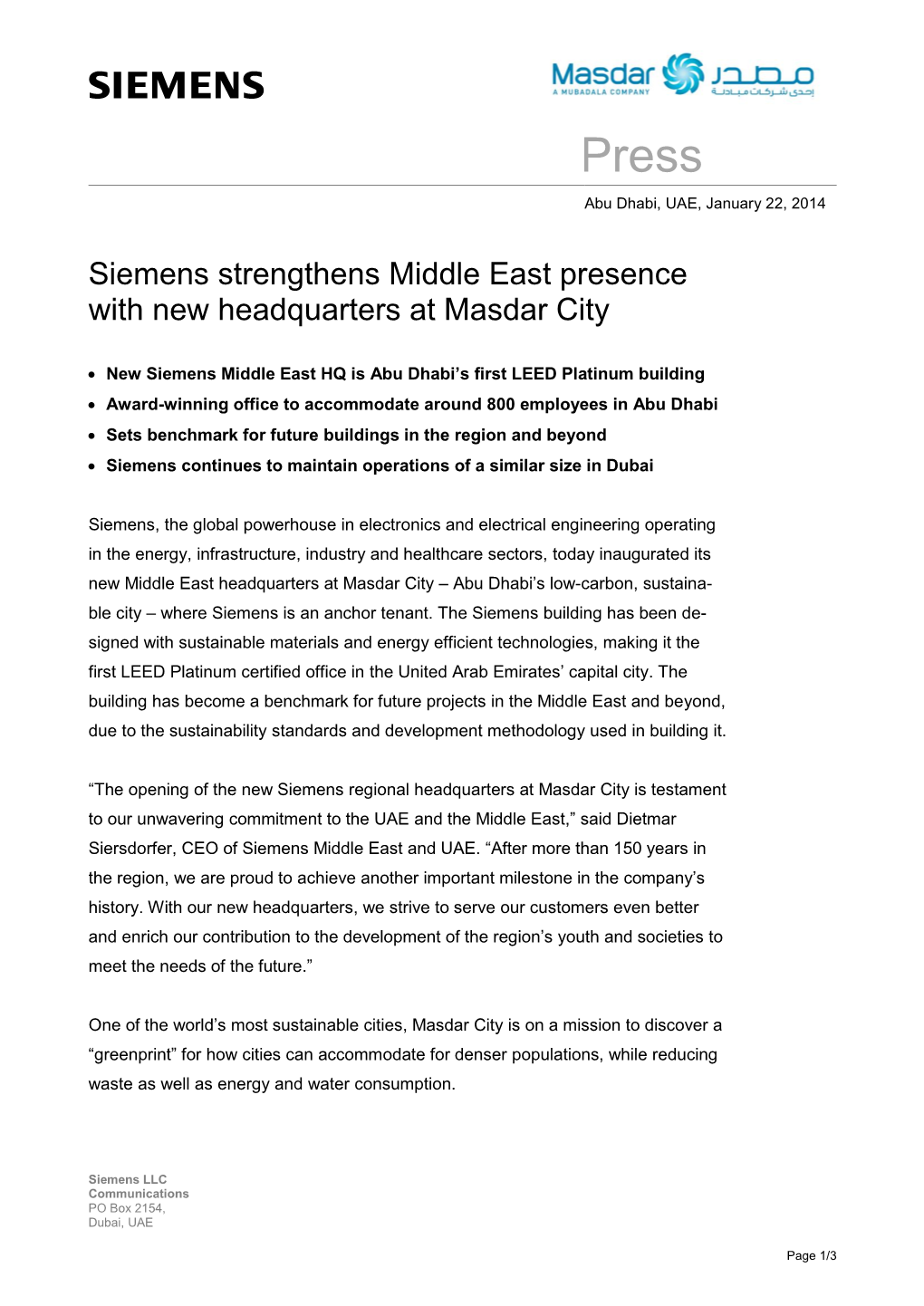 Siemens Strengthens Middle East Presence with New Headquarters at Masdar City