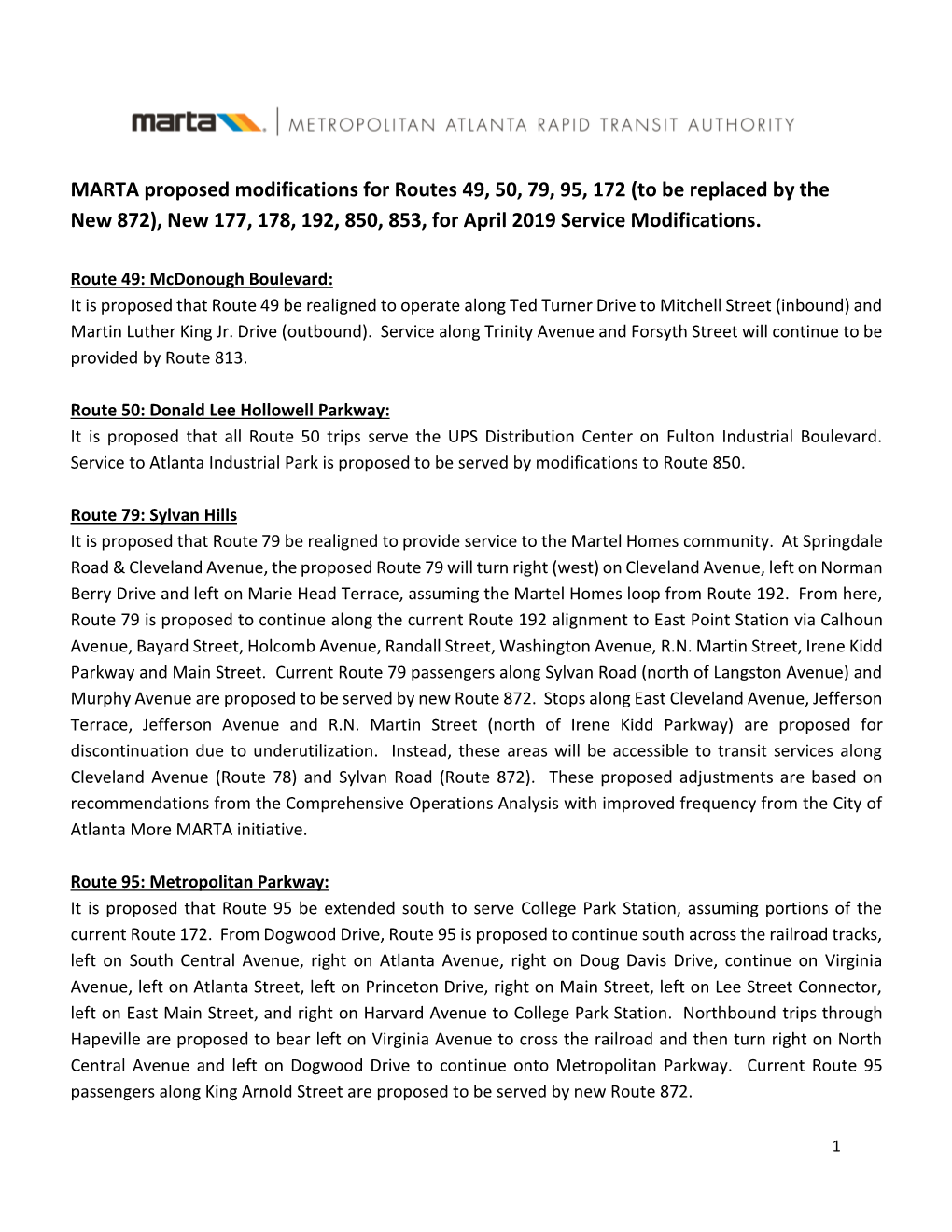 MARTA Proposed Modifications for Routes 49, 50, 79, 95, 172 (To Be Replaced by the New 872), New 177, 178, 192, 850, 853, for April 2019 Service Modifications