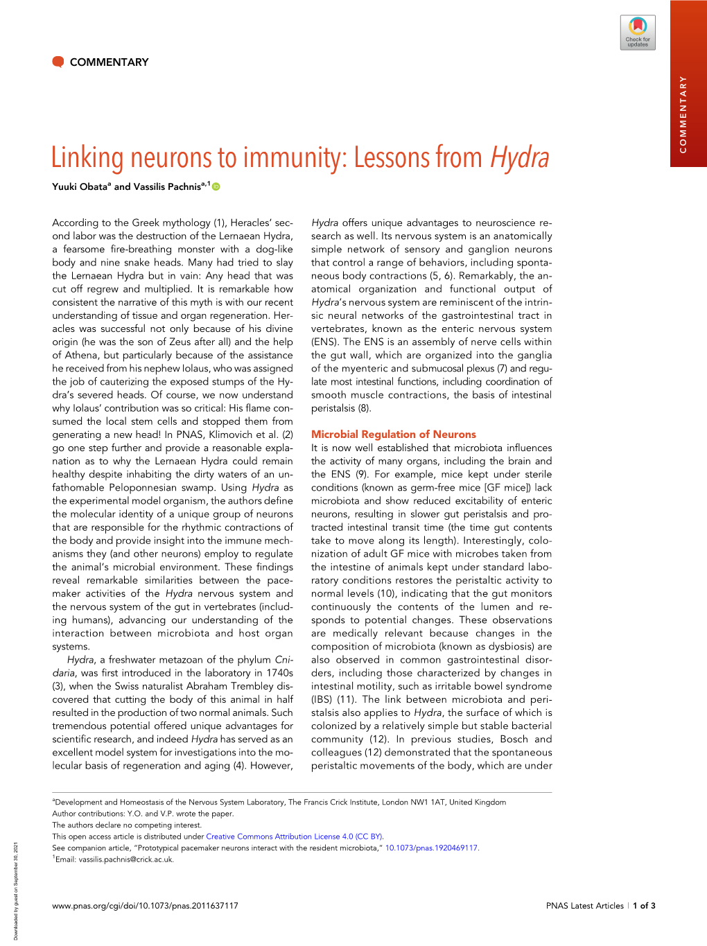 Linking Neurons to Immunity: Lessons from Hydra COMMENTARY Yuuki Obataa and Vassilis Pachnisa,1