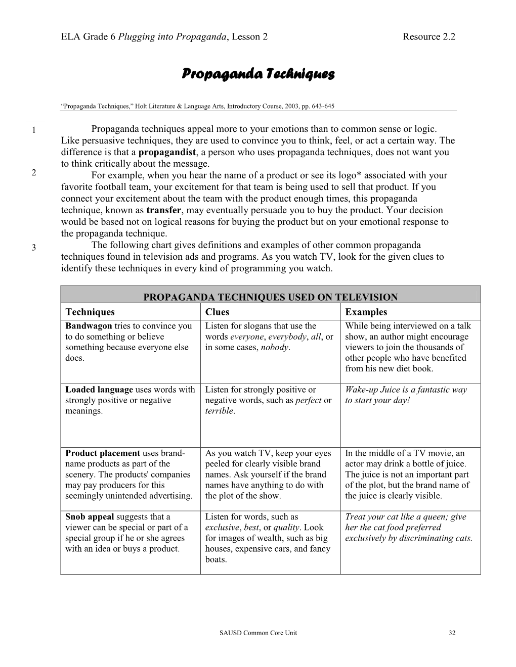 Lesson 2-Resource 2.2 Propaganda Techniques