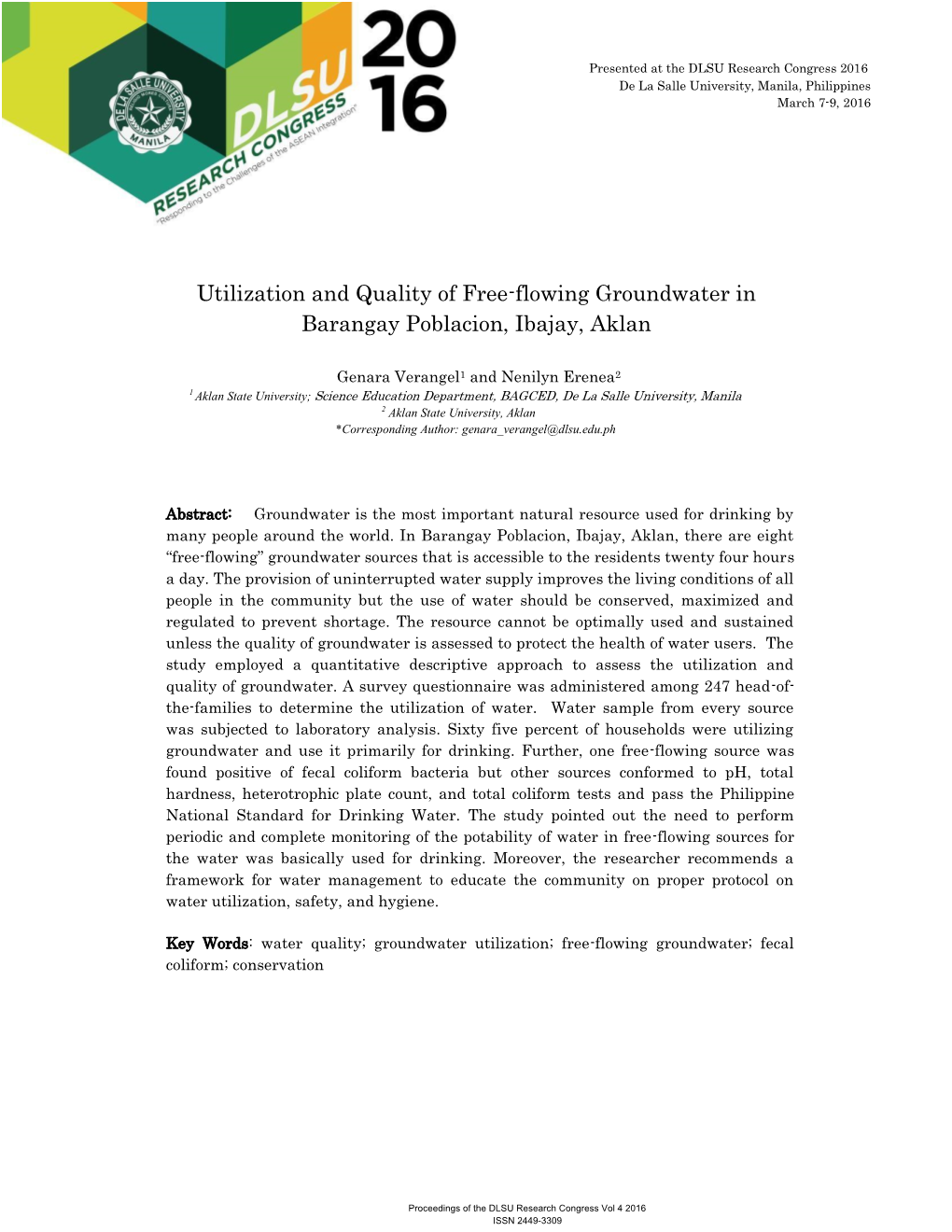 Utilization and Quality of Free-Flowing Groundwater in Barangay Poblacion, Ibajay, Aklan