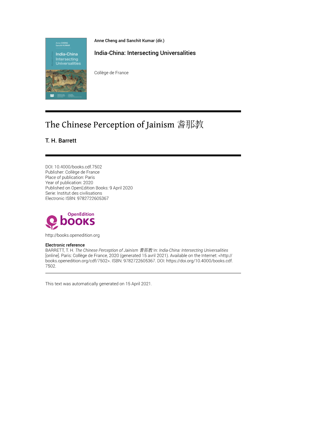 The Chinese Perception of Jainism 耆那教