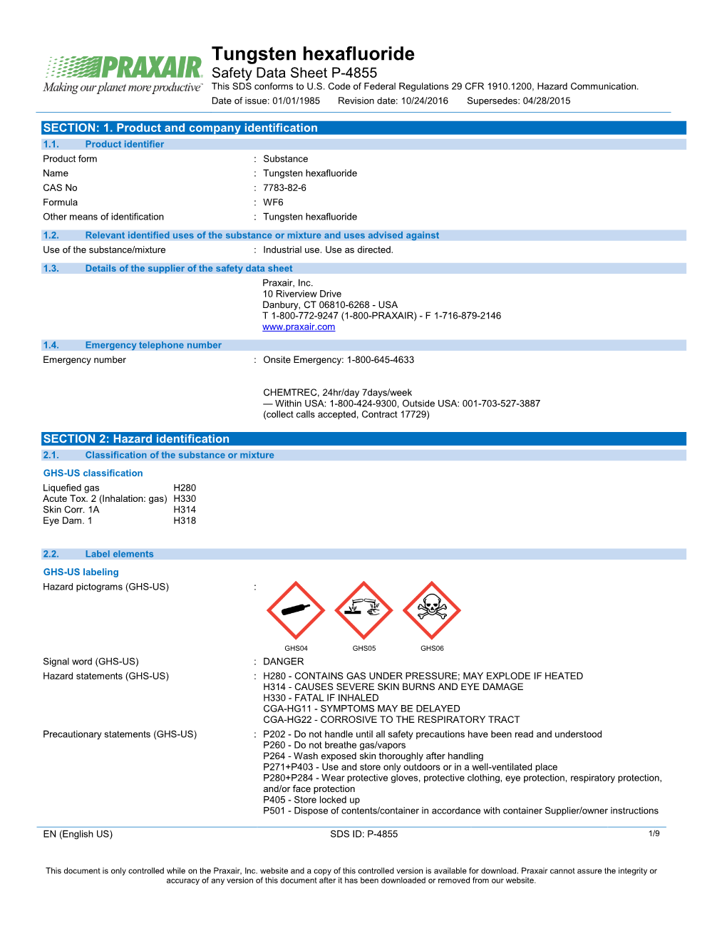 Tungsten Hexafluoride WF6 Safety Data Sheet SDS P4855