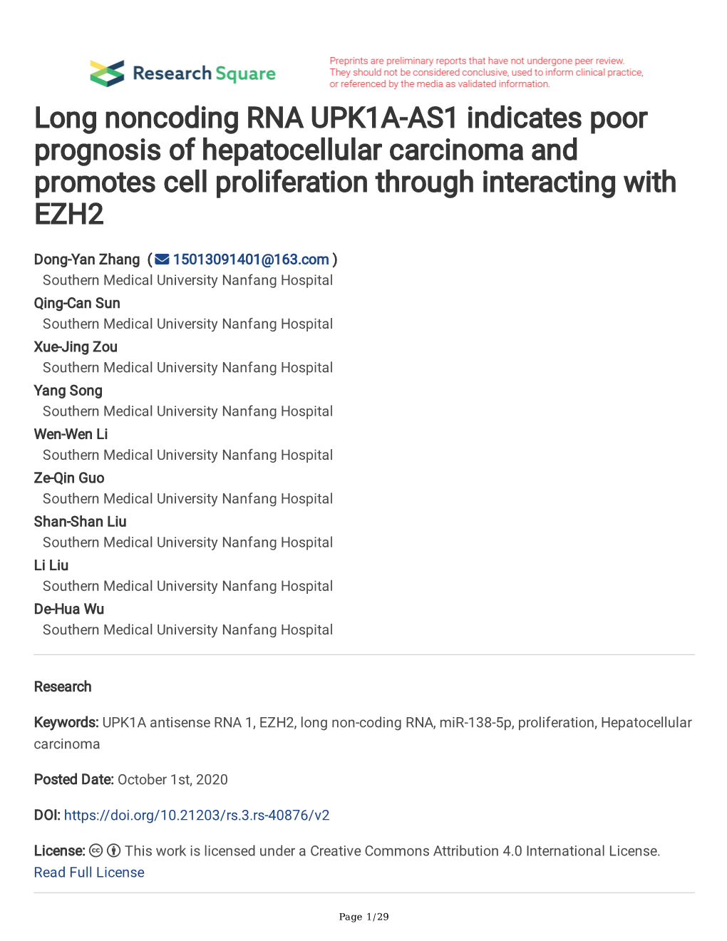 Long Noncoding RNA UPK1A-AS1 Indicates Poor Prognosis of Hepatocellular Carcinoma and Promotes Cell Proliferation Through Interacting with EZH2