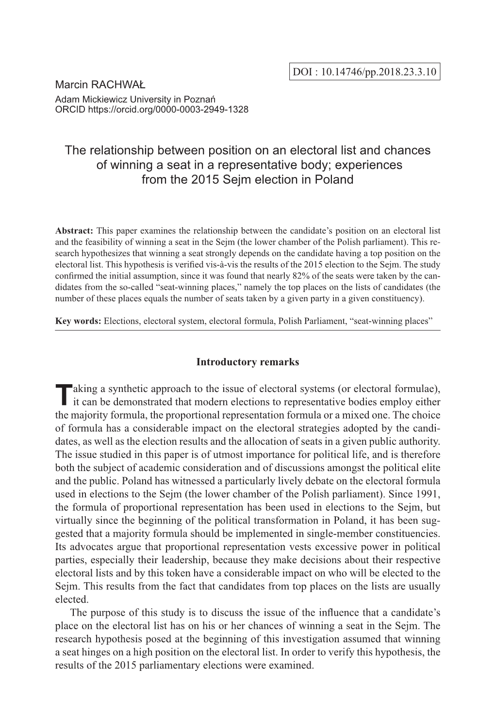 The Relationship Between Position on an Electoral List and Chances of Winning a Seat in a Representative Body; Experiences from the 2015 Sejm Election in Poland