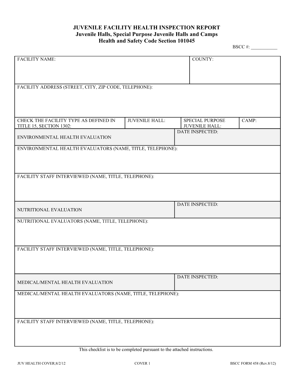 Juvenile Facility Health Inspection Report