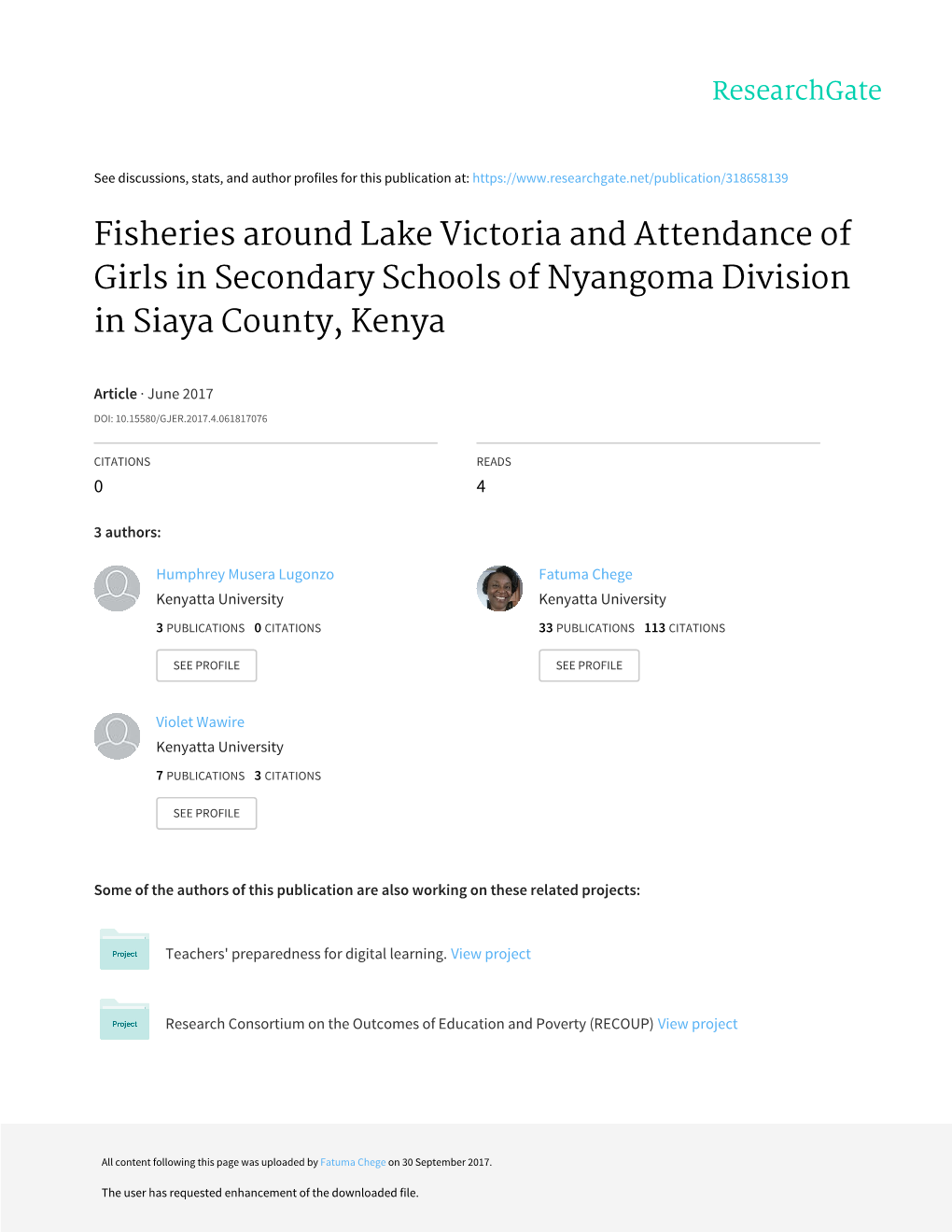 Fisheries Around Lake Victoria and Attendance of Girls in Secondary Schools of Nyangoma Division in Siaya County, Kenya