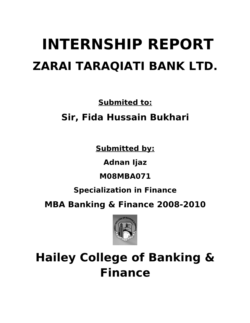 Internship Report on Zarai Taraqiati Bank Ltd. 2010