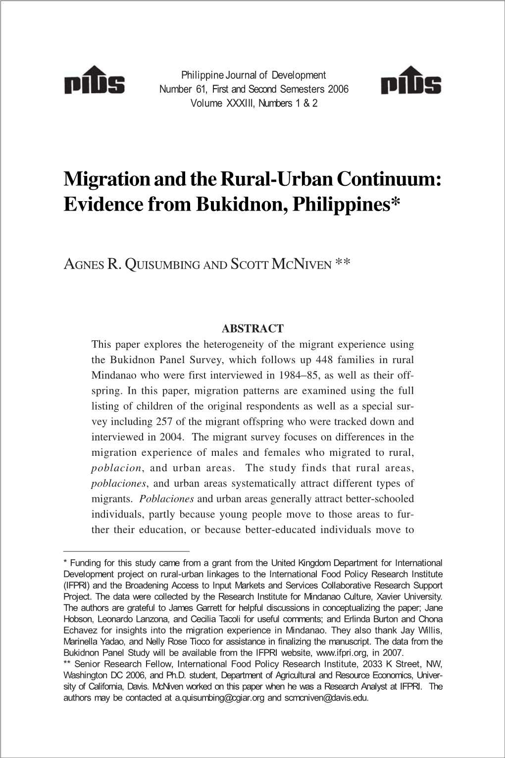 Migration and the Rural-Urban Continuum: Evidence from Bukidnon, Philippines*