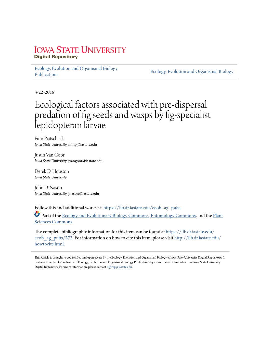 Ecological Factors Associated with Pre-Dispersal Predation of Fig Seeds