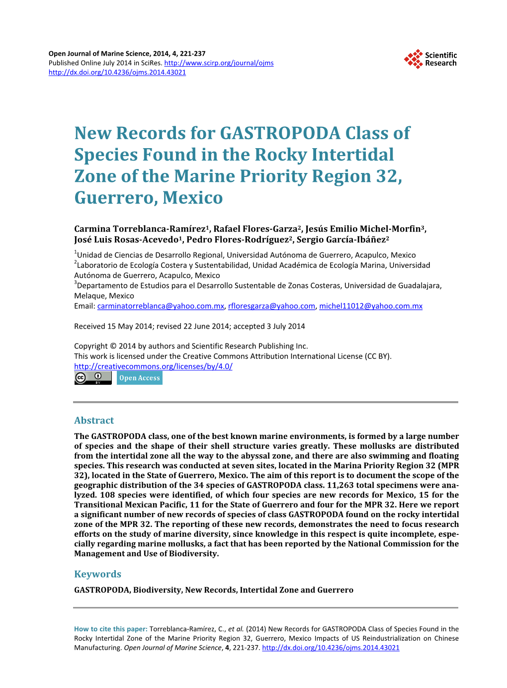 New Records for GASTROPODA Class of Species Found in the Rocky Intertidal Zone of the Marine Priority Region 32, Guerrero, Mexico