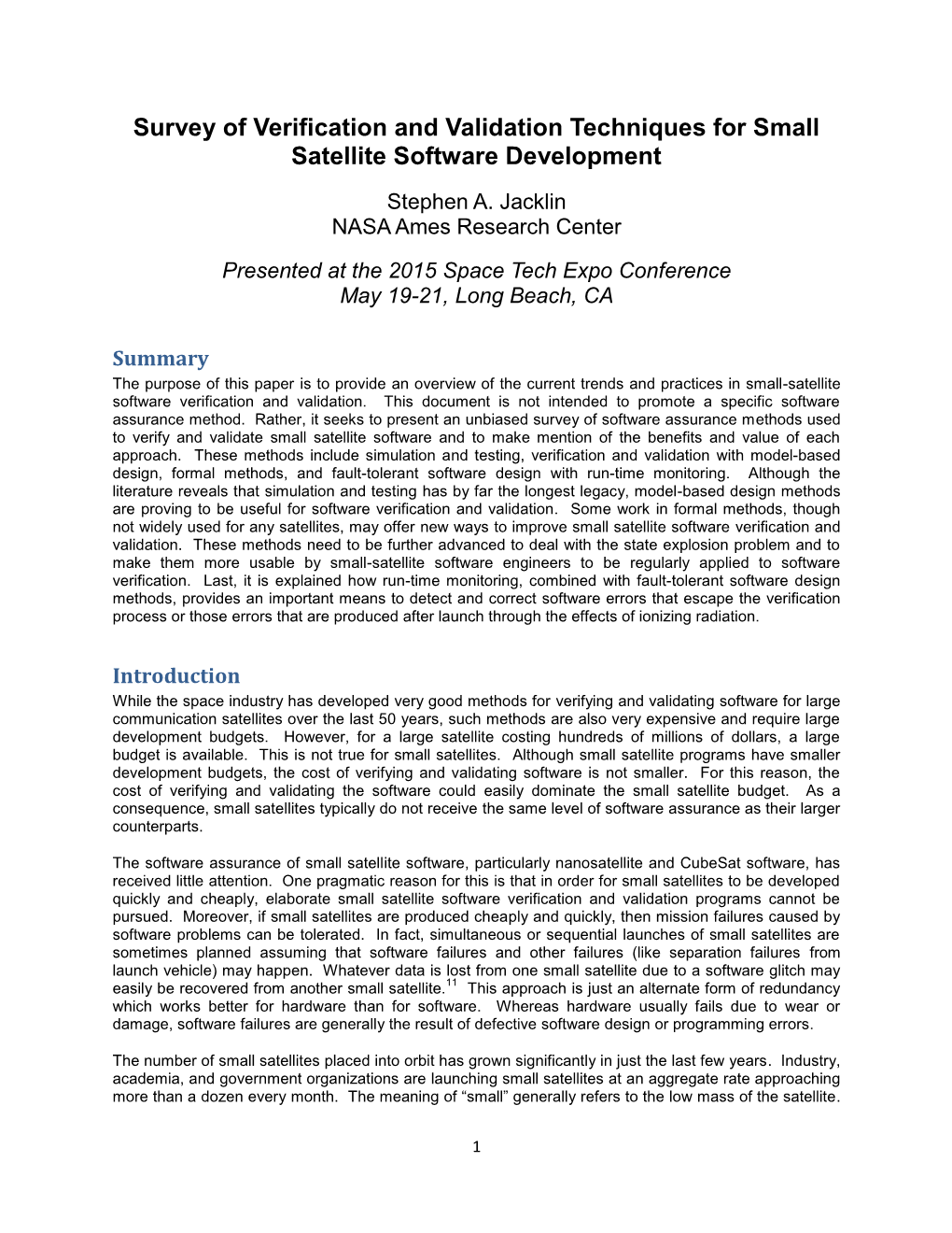 Survey of Verification and Validation Techniques for Small Satellite Software Development