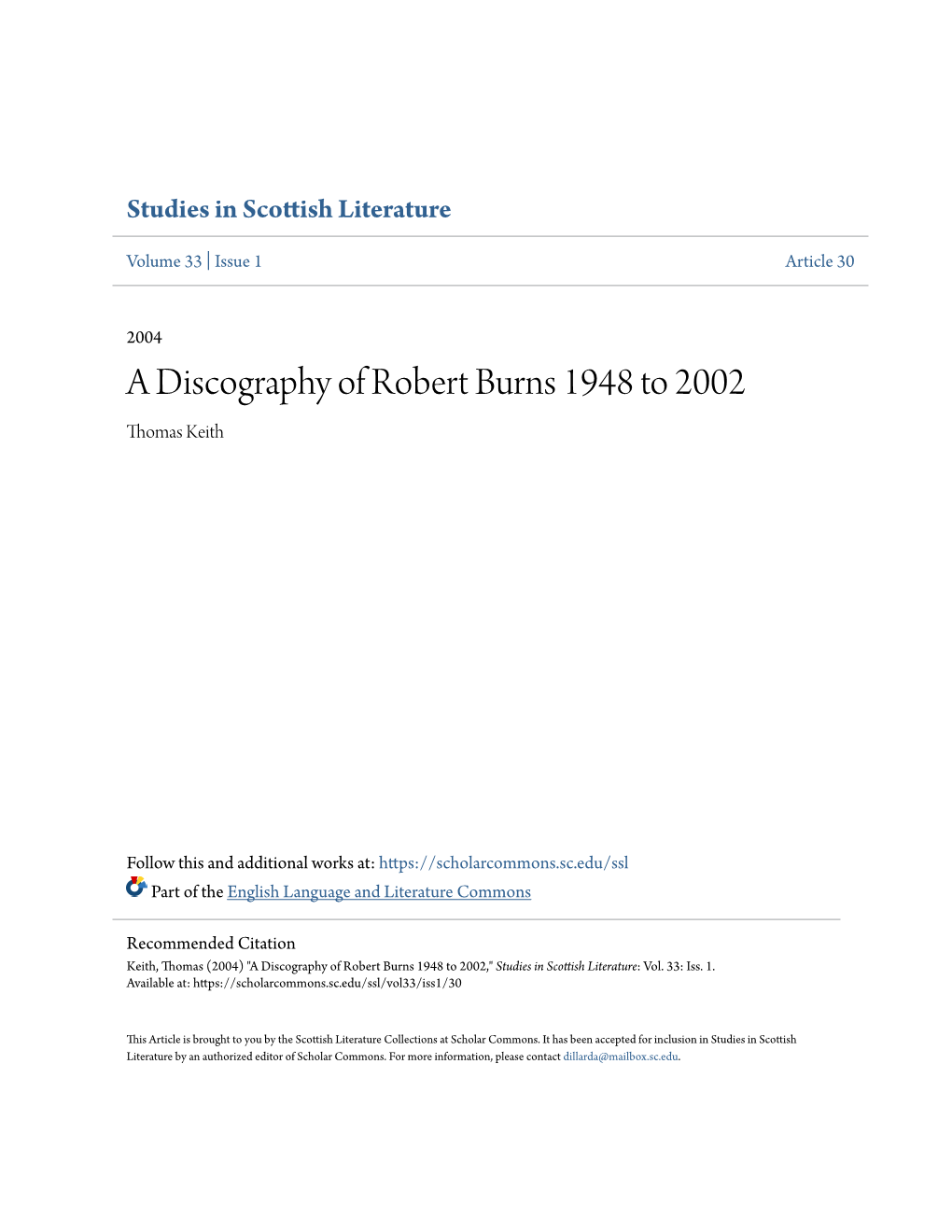 A Discography of Robert Burns 1948 to 2002 Thomas Keith