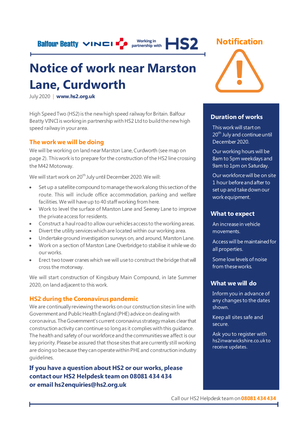 Notice of Work Near Marston Lane, Curdworth July 2020 |